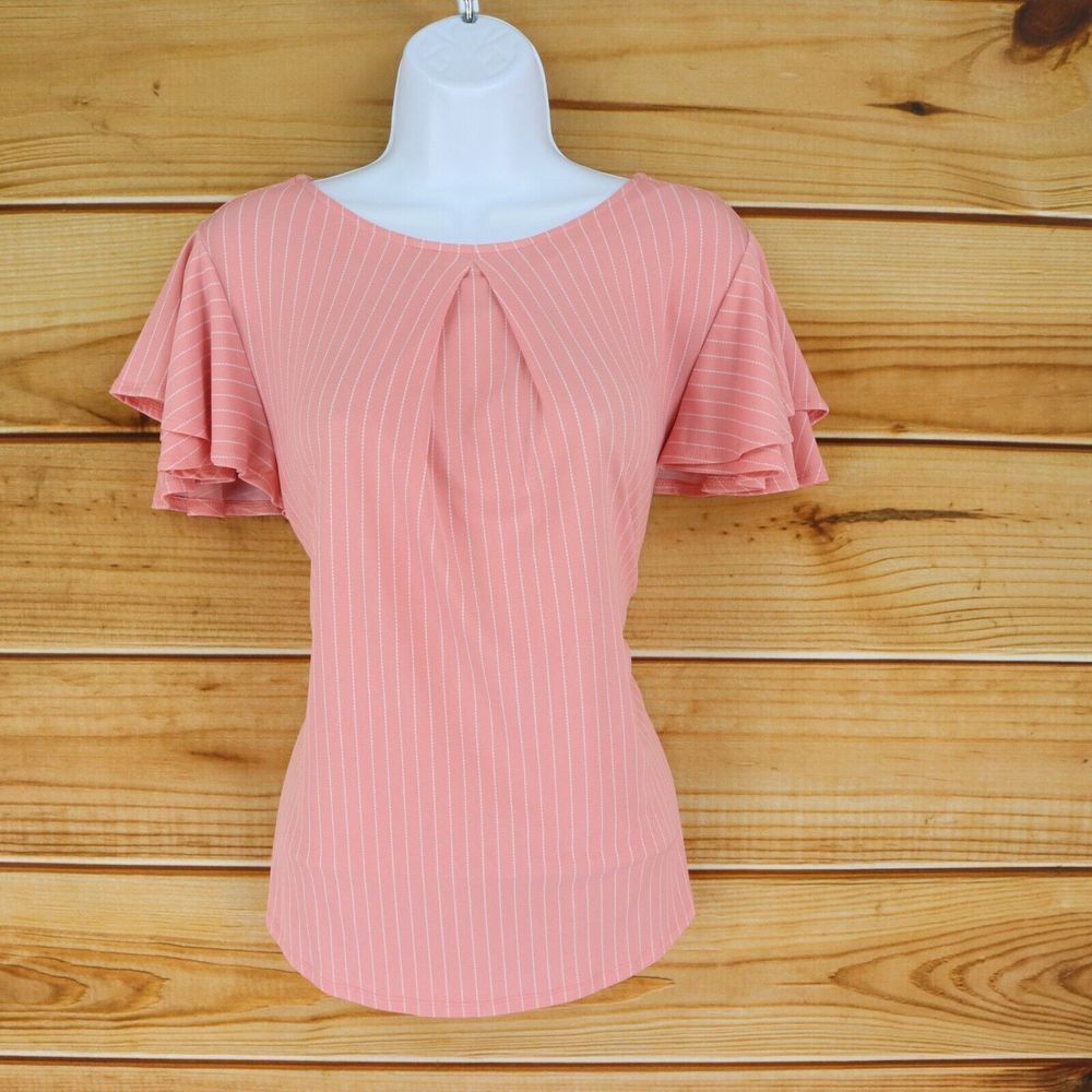 Liz Claiborne Blouse Ruffled Short‎ Sleeve Womens Sz S Salmon Pink White Stripes